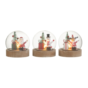 J-Line décoration Cloche Père Noël/Renne/Bonhomme De Neige - bois/verre - mix - 3 pcs - LED