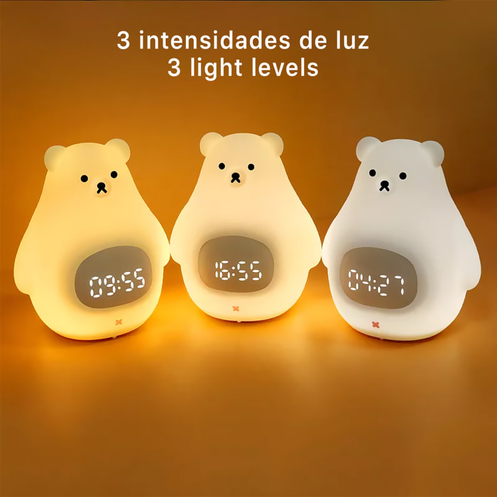 Reloj despertador con luz nocturna infantil, intensidad regulable. Diseño Oso Polar.