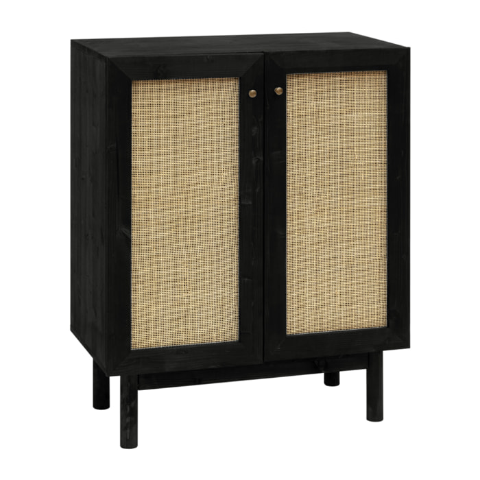 Buffet medulla en bois massif et rotin avec 2 portes ton noir 100x80cm Hauteur: 100 Longueur: 80 Largeur: 40