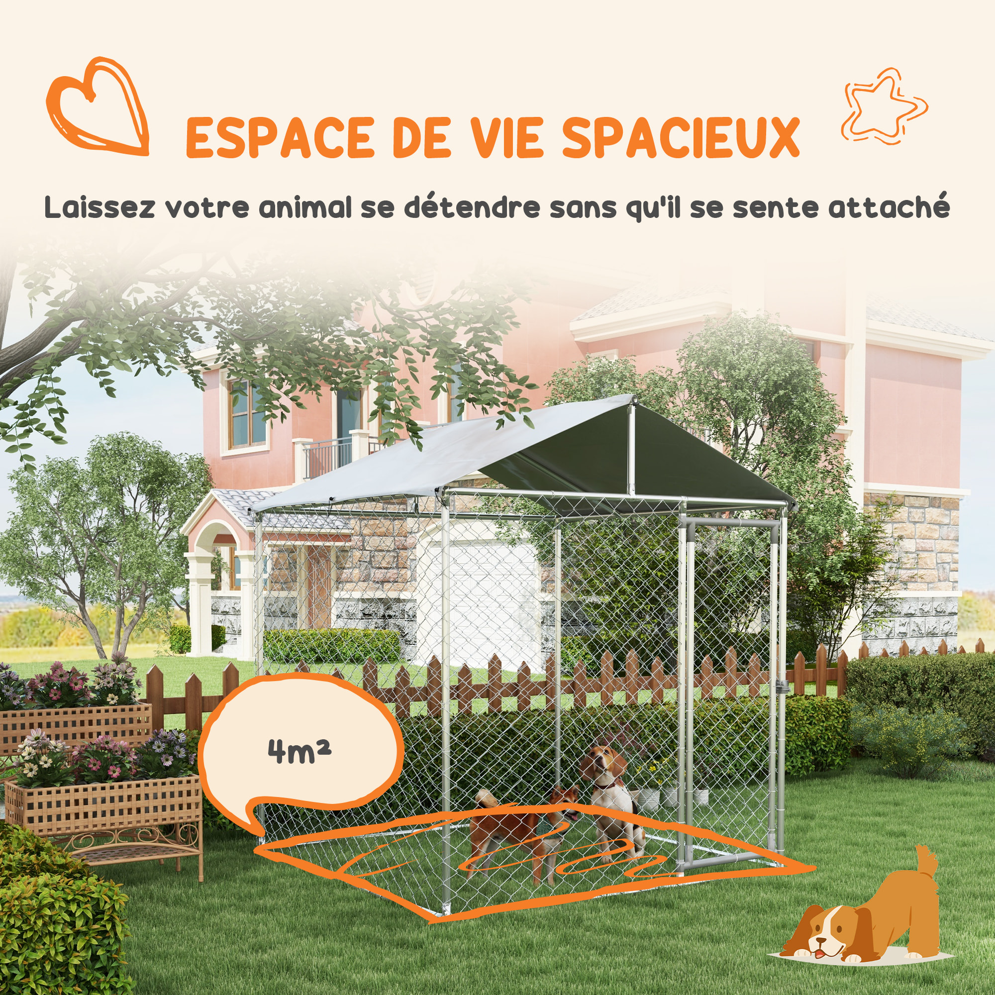 Enclos poulailler chenil 4 m² - parc grillagé dim. 2L x 2l x 2,37H m - poulailler chenil entièrement couvert - acier galvanisé