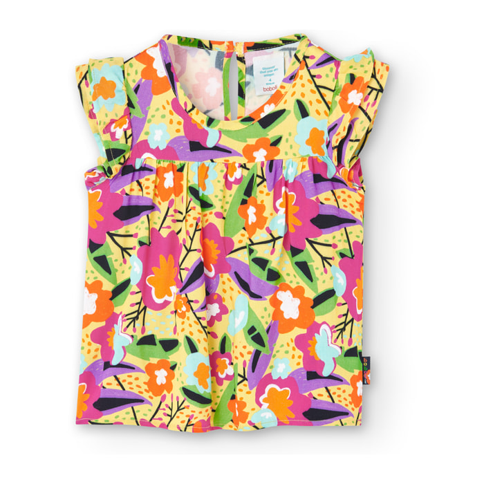 Blusón niña, viscosa estampada, flores, amarillo, mangas