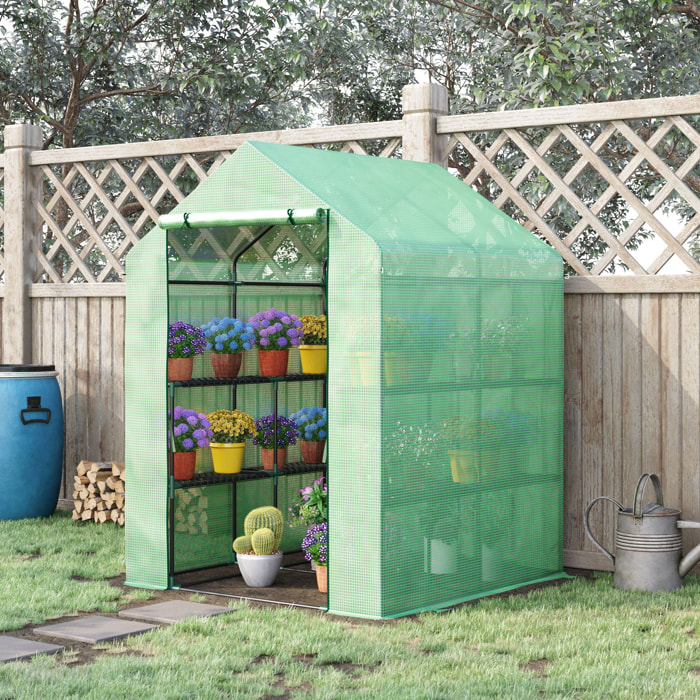Invernadero de Jardín Tipo Caseta Vivero Casero de Acero con 2 Niveles 4 Estantes y Puerta Enrollable para Cultivos Plantas Macetas Flores 143x138x190 cm Verde