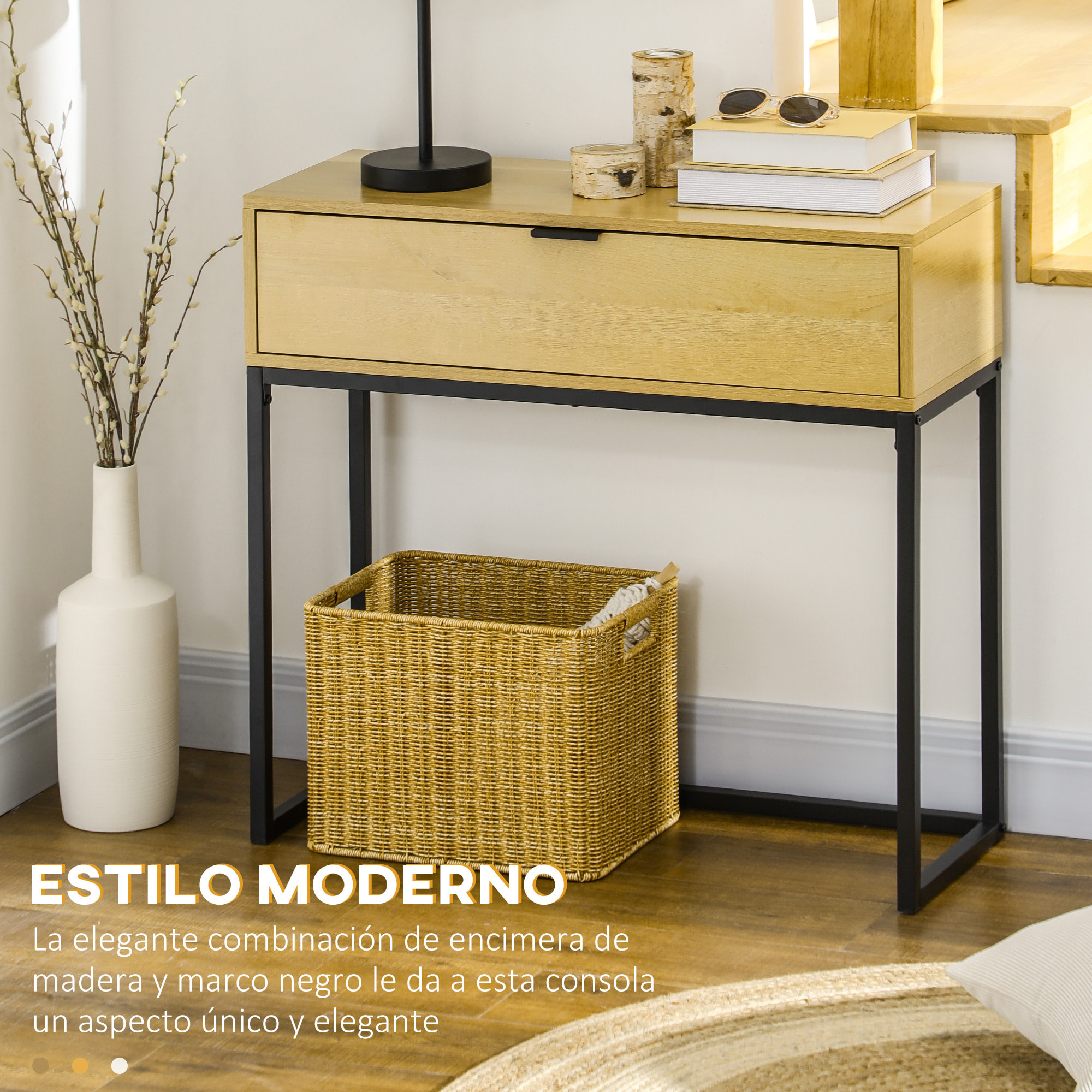 Mesa Consola con Cajón Consola Auxiliar Moderna Mesa de Entrada con Patas de Acero para Pasillo Salón Dormitorio 80x30x76 cm Natural