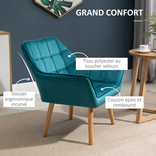 Fauteuil salon design scandinave piètement bois hévéa velours effet capitonné bleu canard