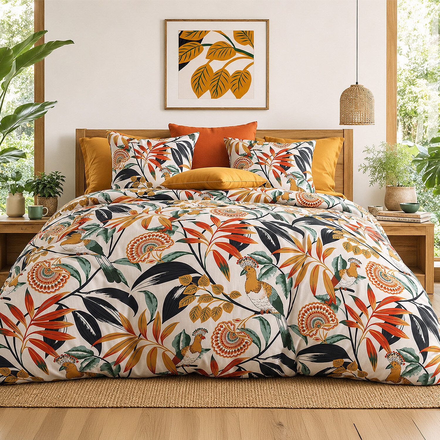 Parure housse de couette 100% percale de coton motif tropical feuillages et oiseaux exotiques - EDONIE