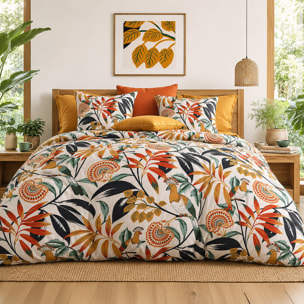 Parure housse de couette 100% percale de coton motif tropical feuillages et oiseaux exotiques - EDONIE