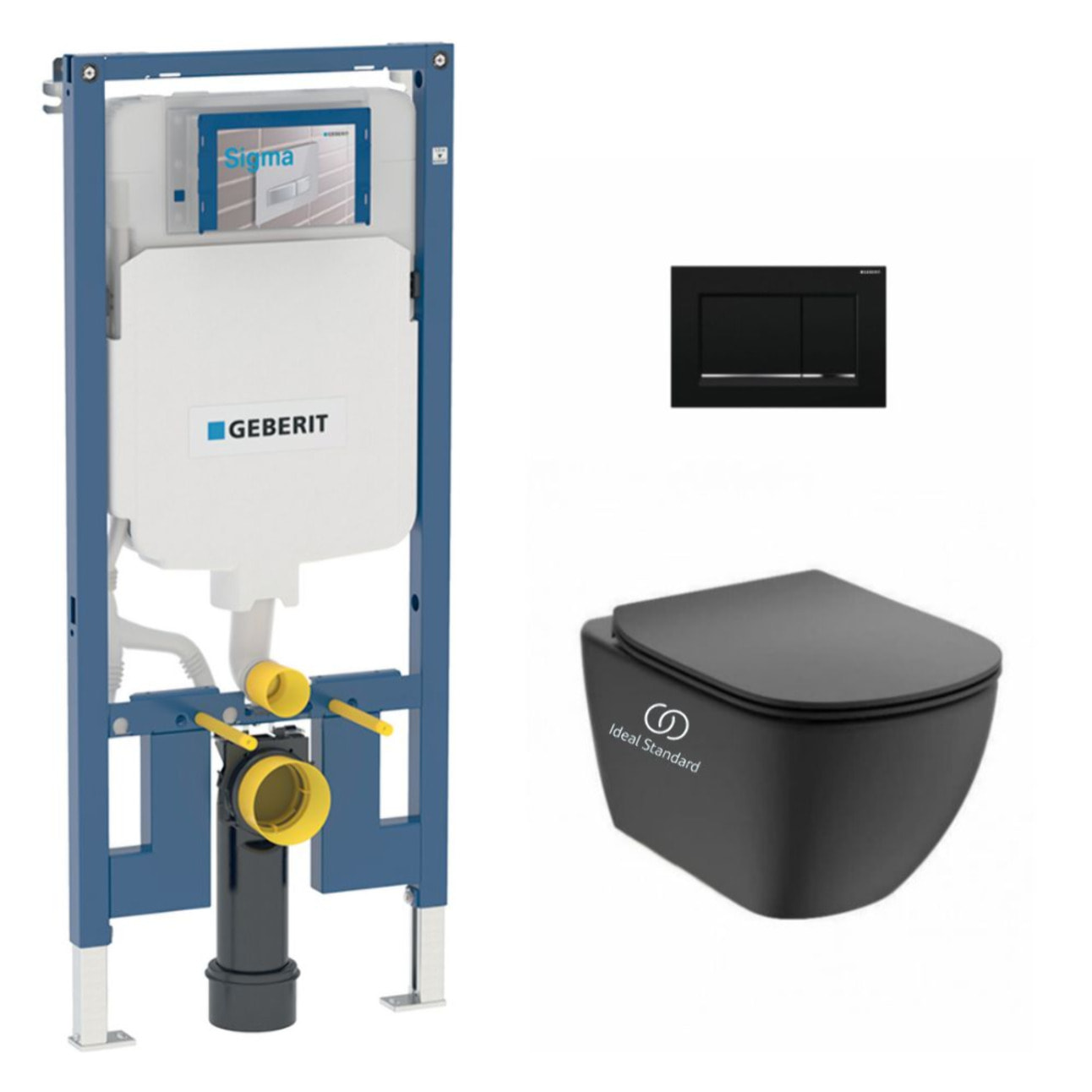 Pack WC Bati-support Geberit UP720 extra-plat + WC sans bride Ideal Standard Tesi + Abattant softclose + Plaque noir mat/chrome