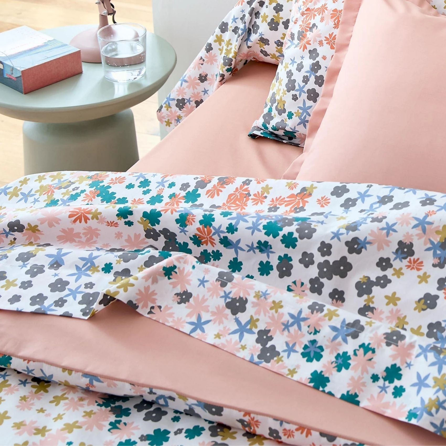 Drap plat percale de coton 80 fils motif floral - Rose