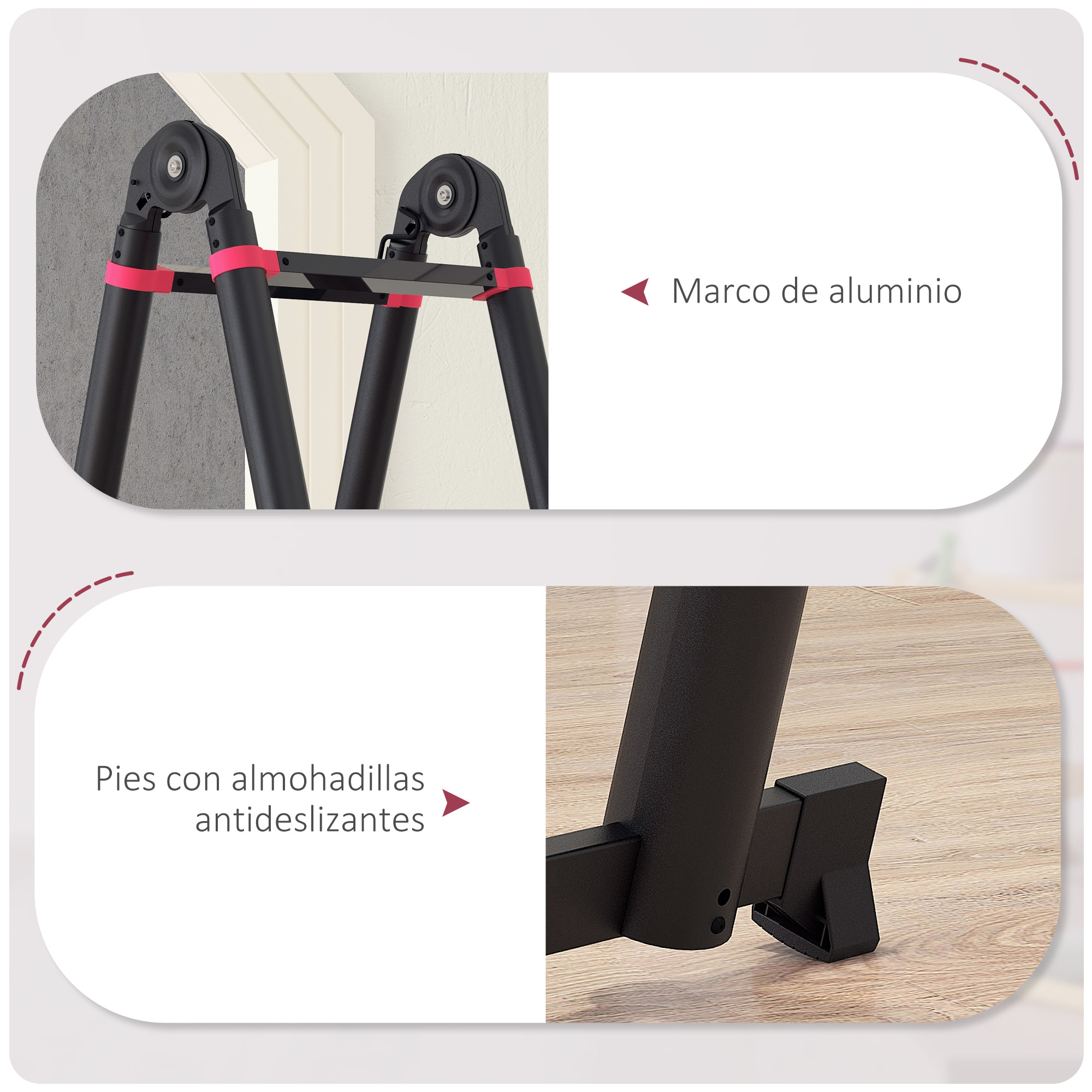 Escalera de Aluminio Plegable 2 Formas de Uso Retráctil Portátil Escalera Telescópica 12 Escalones Antideslizantes Carga 150 kg 379x67,5x11 cm Negro y Rojo