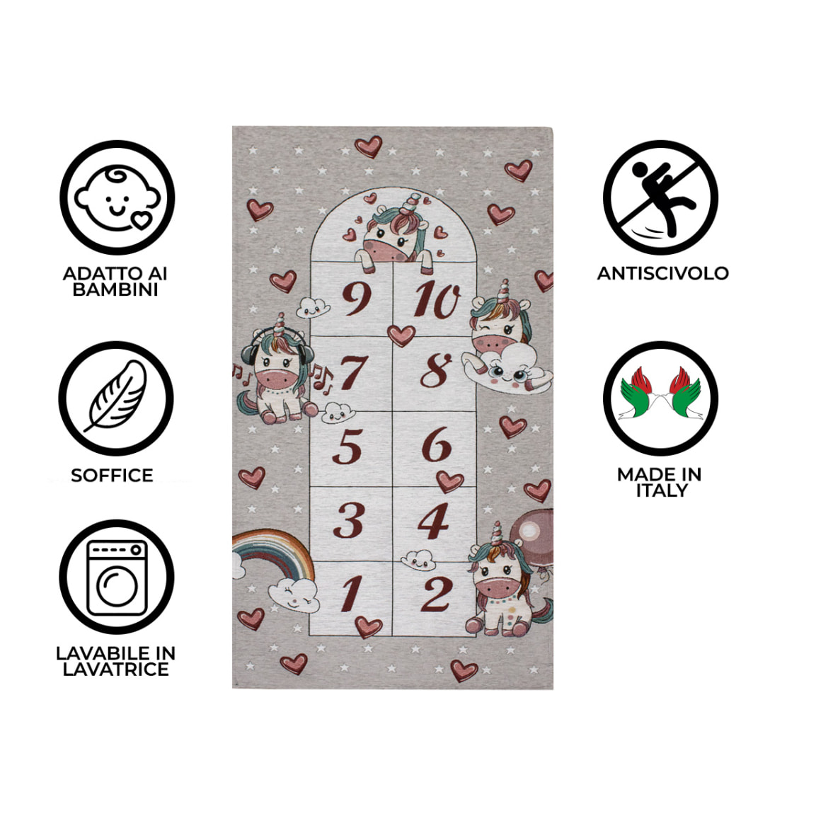 Tappeto Arredo Gioco Cameretta Bambini Unicorni Grigio Perla