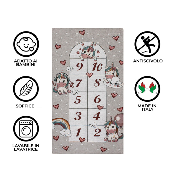 Tappeto Arredo Gioco Cameretta Bambini Unicorni Grigio Perla