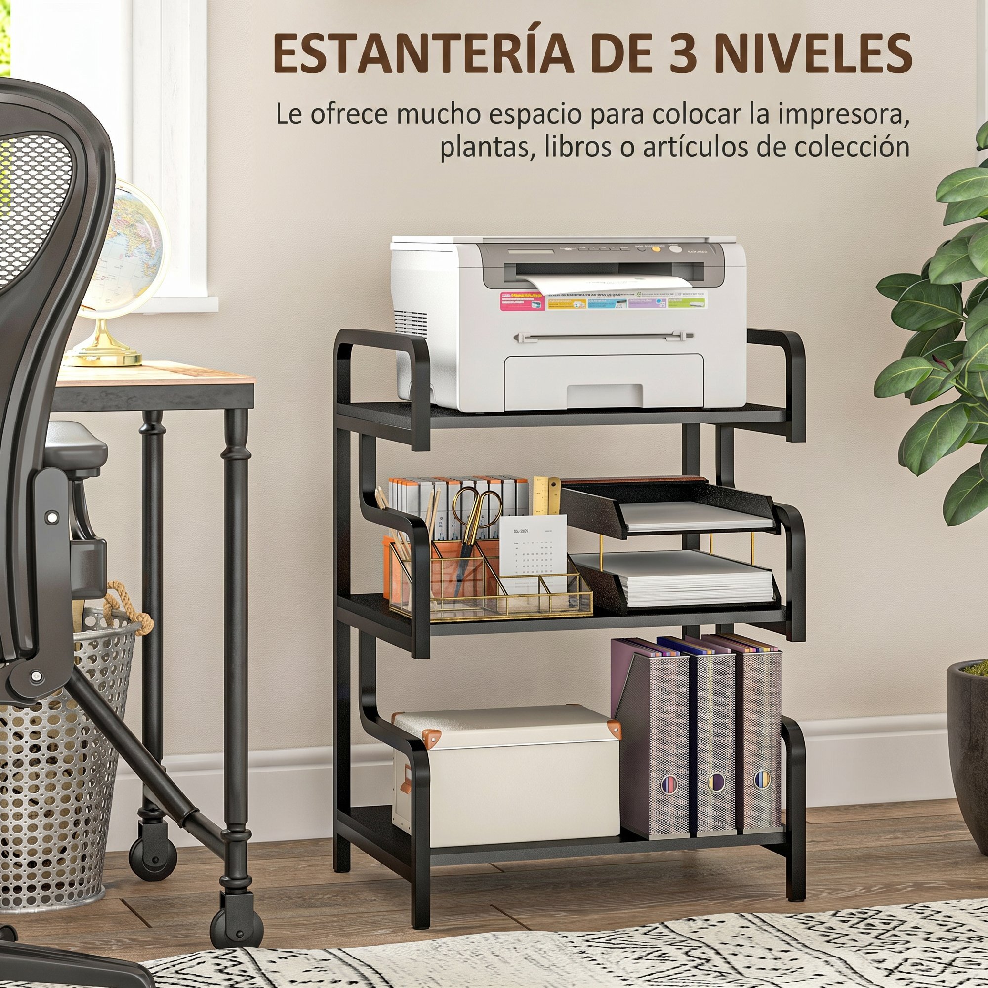 HOMCOM Soporte para Impresora de 3 Niveles, Mueble para Impresora con Marco de Acero, Estantería de Almacenamiento Multiusos para Escáner y Fax en Oficina, Casa, 55x40x77 cm, Negro