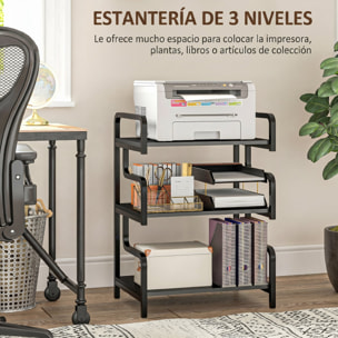 HOMCOM Soporte para Impresora de 3 Niveles, Mueble para Impresora con Marco de Acero, Estantería de Almacenamiento Multiusos para Escáner y Fax en Oficina, Casa, 55x40x77 cm, Negro