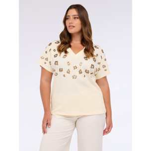 Fiorella Rubino - T-shirt in jersey di cotone con paillettes animalier - Beige