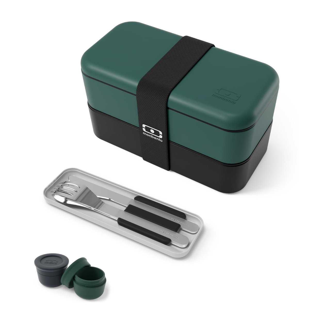 Set repas lunch box 2 étages 1L vert/noir + couverts + récipients à sauce