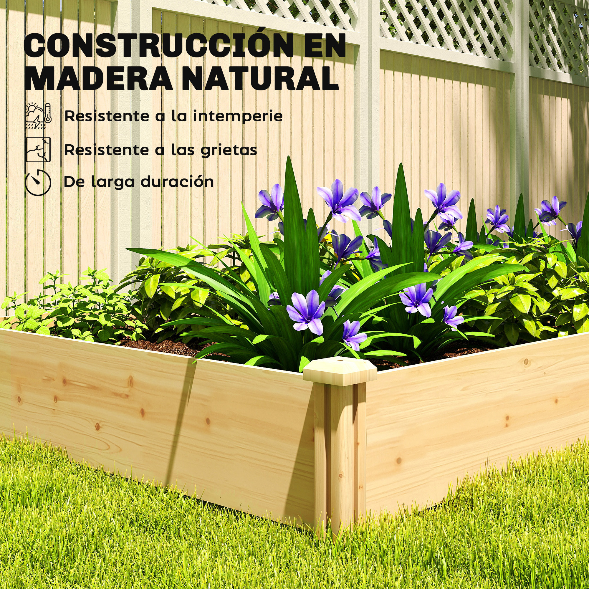 Jardinera Elevada de Madera, Huerto Urbano para Cultivar Plantas, Macetero Exterior con Divisor y Base Abierta, Pintura DIY, para Jardín, Terraza, 235x121x26 cm, Natural