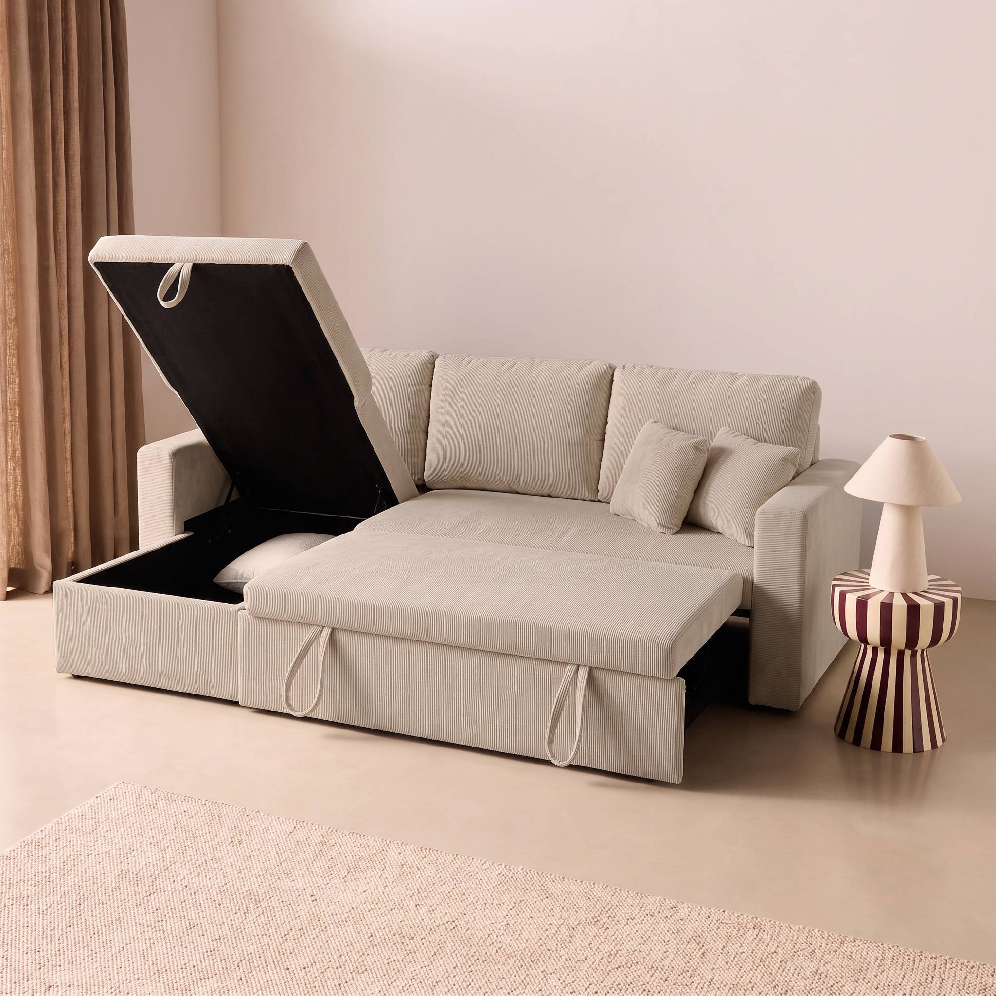 Canapé d'angle convertible réversible 3 places velours côtelé avec coffre IDA