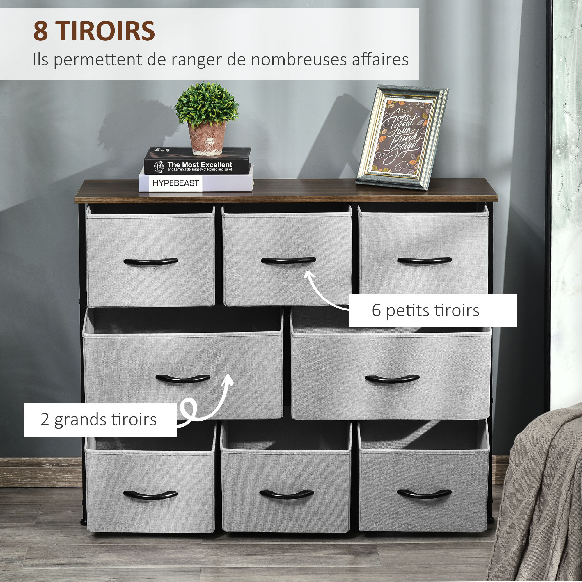 Commode meuble de rangement 8 tiroirs pliables en tissu 100 x 30 x 78,5 cm gris