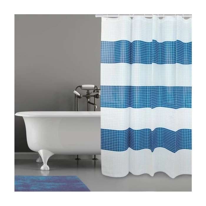 Rideau de douche Polyester QUADRO 180x200cm QUALITE PREMIUM Bleu & Blanc - Anneaux inclus MSV