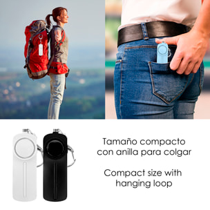 Allerta SOS personale con luce LED brillante e suono di 130dB. 2 batterie AAA incluse e attivazione rapida tirando l'anello.