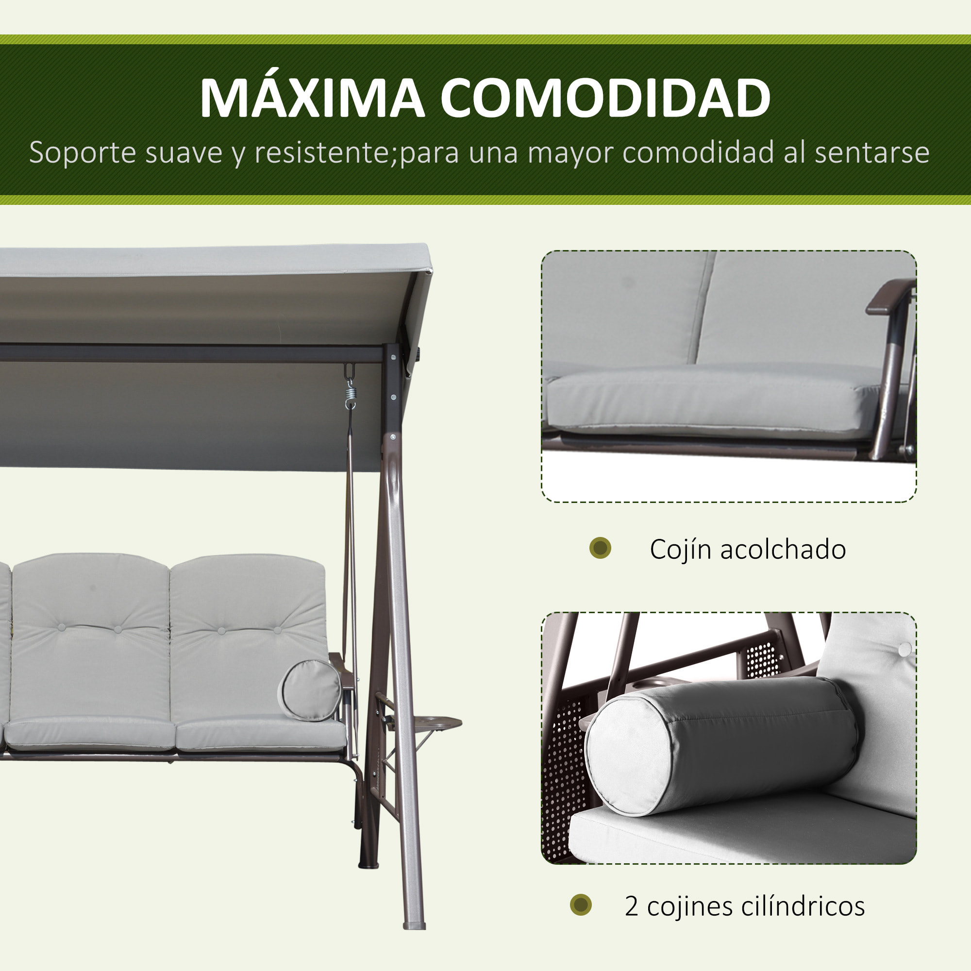 Columpio Balancín de Jardín de 3 Plazas con Techo Parasol 2 Cojines Bandeja para Bebidas y Marco de Metal para Terraza Balcón Exterior Carga Max. 360 kg 116x206x183 cm Gris