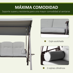 Columpio Balancín de Jardín de 3 Plazas con Techo Parasol 2 Cojines Bandeja para Bebidas y Marco de Metal para Terraza Balcón Exterior Carga Max. 360 kg 116x206x183 cm Gris