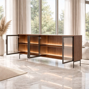 Credenza Madia Moderna 4 Ante In Vetro Illuminazione Led Interna In Melaminico Per Soggiorno Sala Da Pranzo 181.3 x 39.3 x 82.6 Cm Rovere Scuro