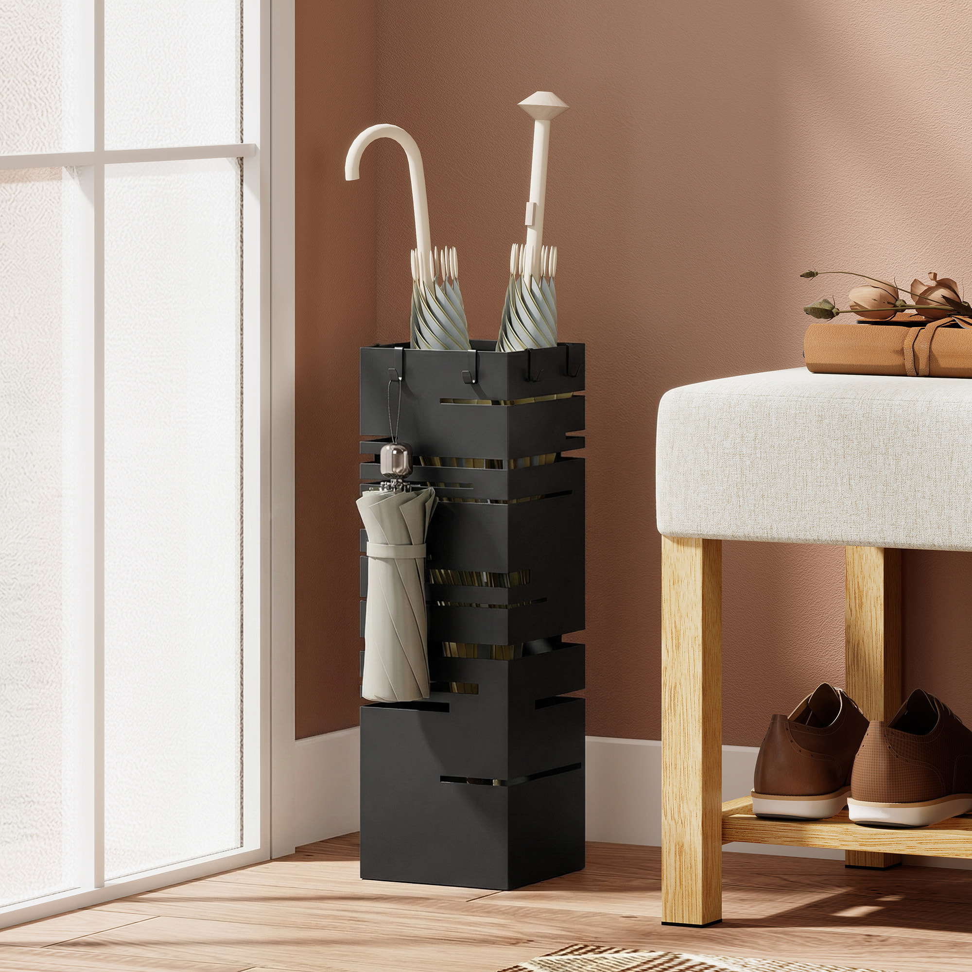 ParagÃƒÂ¼ero Metálico, Soporte de Paraguas con 4 Ganchos y Bandeja de Goteo Extraíble, ParagÃƒÂ¼ero Negro para Entrada, Oficina, 15,5x15,5x49 cm