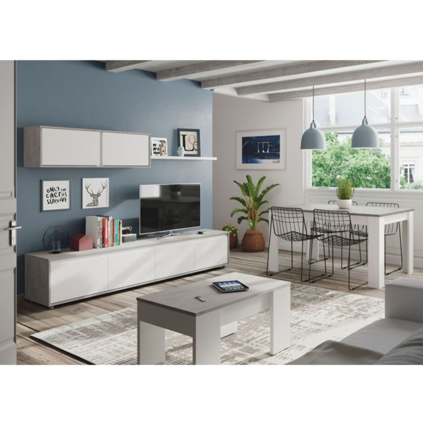 Mesa de centro elevable Low Cost Blanco Artik (Blanco Mate) - Gris Cemento