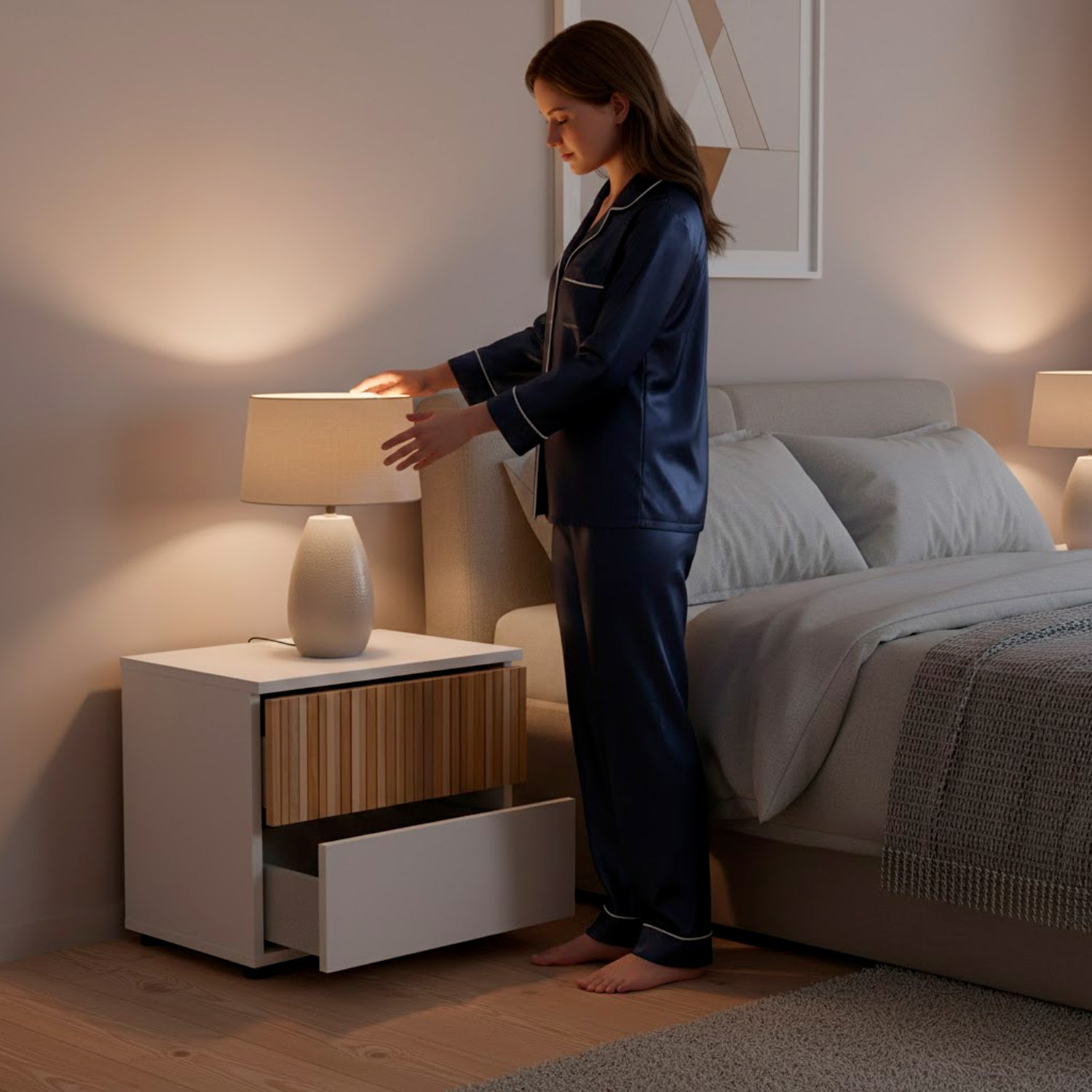 Comodino Con 2 Cassetti Stile Nordico Mobiletto Per Camera Da Letto Moderna Mobile Design Scandinavo Salvaspazio 50 x 41.5 x 34 Cm Bianco E Rovere