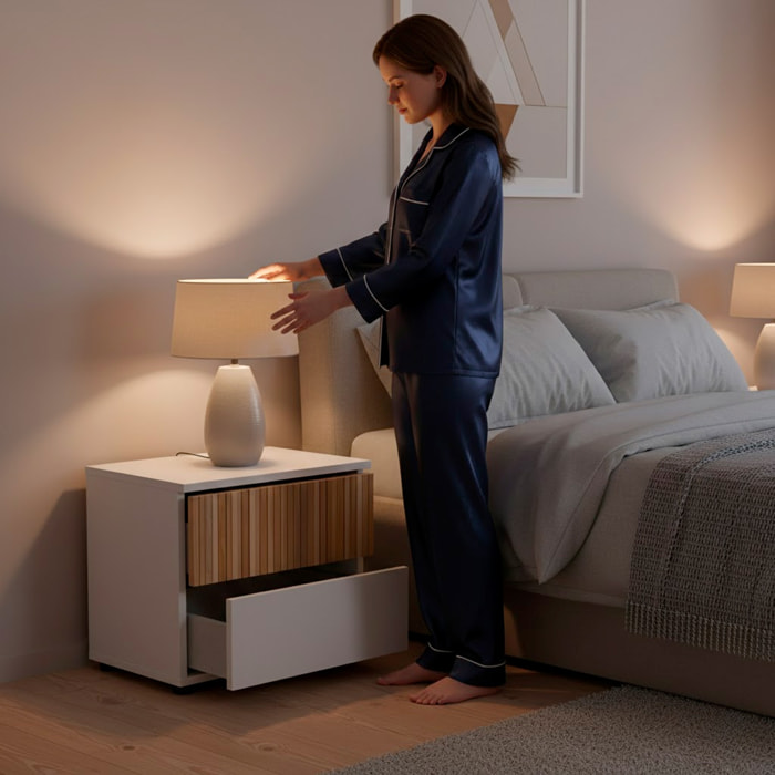 Comodino Con 2 Cassetti Stile Nordico Mobiletto Per Camera Da Letto Moderna Mobile Design Scandinavo Salvaspazio 50 x 41.5 x 34 Cm Bianco E Rovere