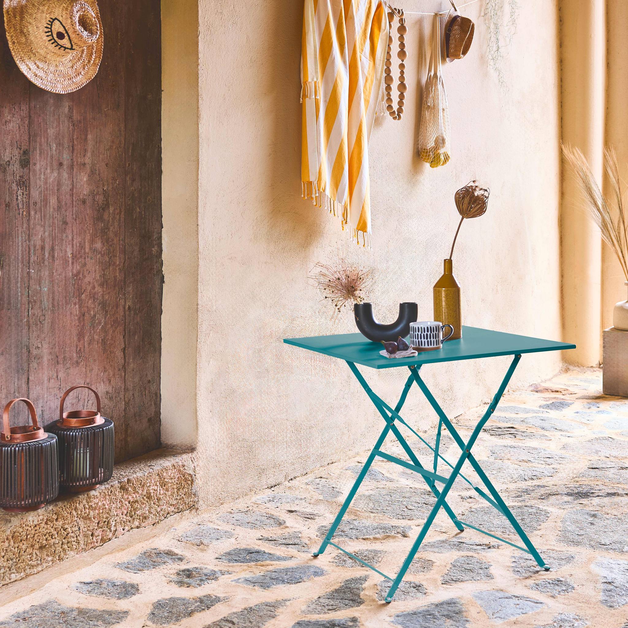 Table de jardin bistrot pliante métal + 2 assises bleu canard 70 x 70cm. acier thermolaqué