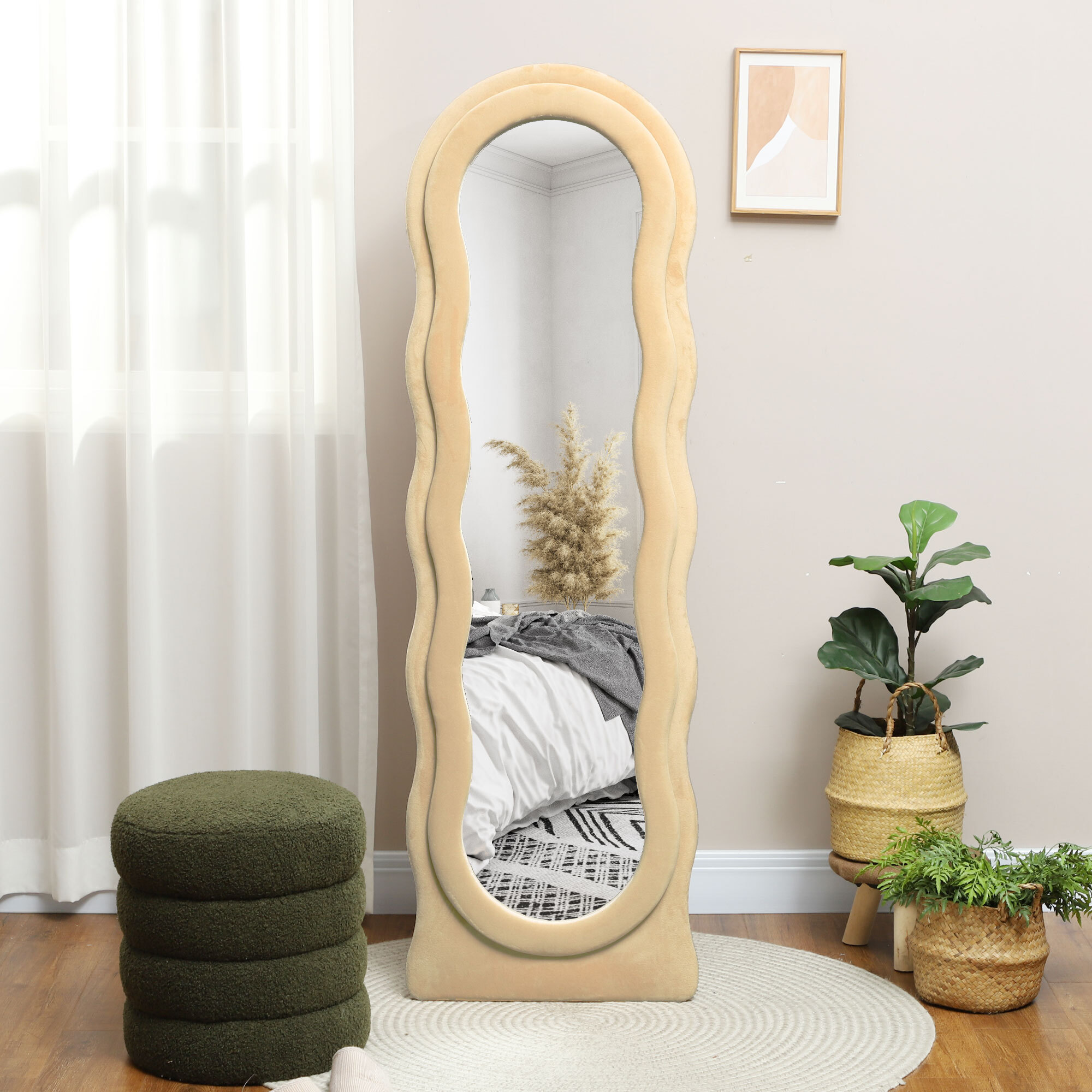Espejo de Cuerpo Entero 160x50 cm Espejo de Pie o de Pared Diseño Ondulado Marco con Tela de Terciopelo para Salón Dormitorio Beige