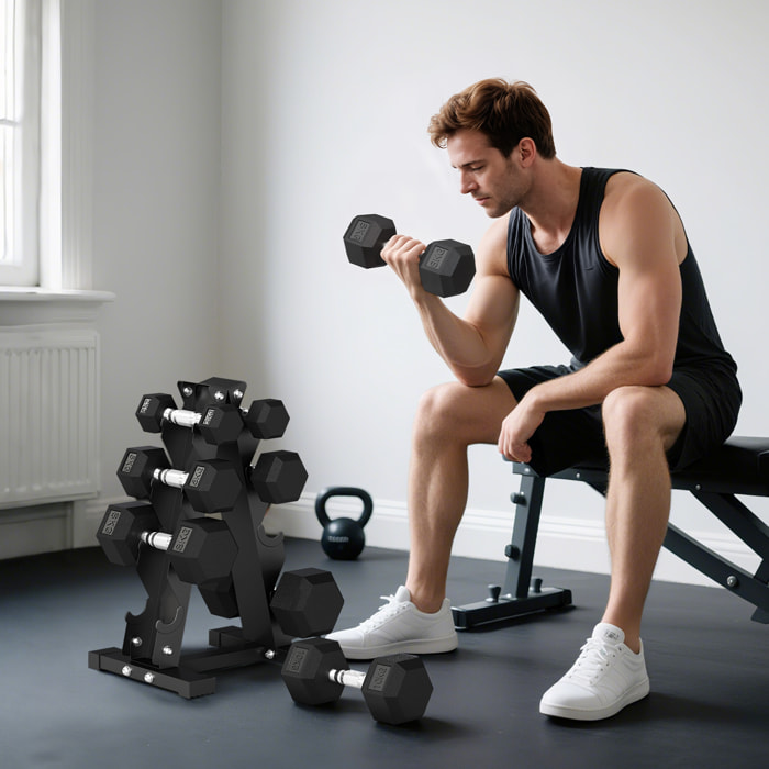 Juego de Mancuernas de 8 Piezas 50 kg, Mancuernas Hexagonales 2x2kg, 2x5kg, 2x8kg, 2x10kg, con Soporte de Almacenamiento y Mango Antideslizante para Entrenamiento en Casa Gimnasio, Negro