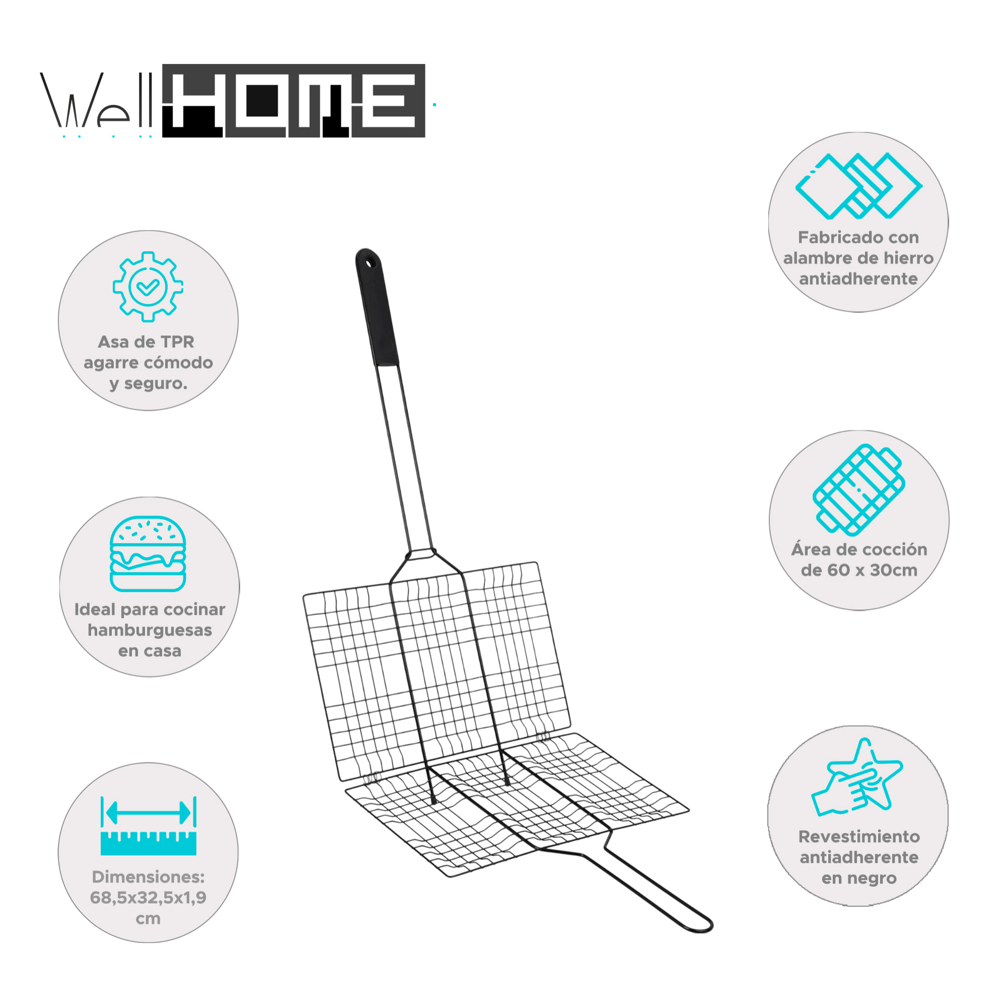 Well home parrilla bbq revestimiento antiadherente en hierro negro 68x32,5cm