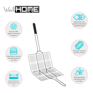 Well home parrilla bbq revestimiento antiadherente en hierro negro 68x32,5cm