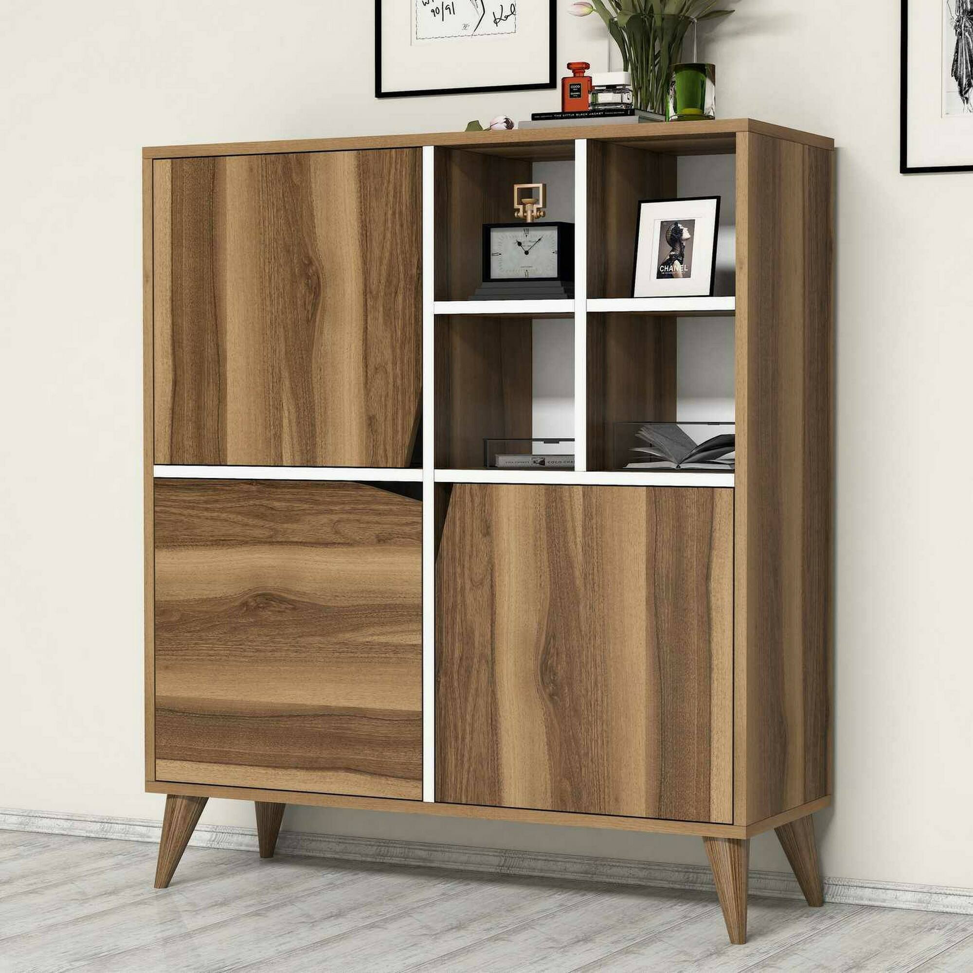 Credenza Dpolitan, Buffet da soggiorno, Madia da salotto, Dispensa da cucina, 100x30h115 cm, Noce e Bianco