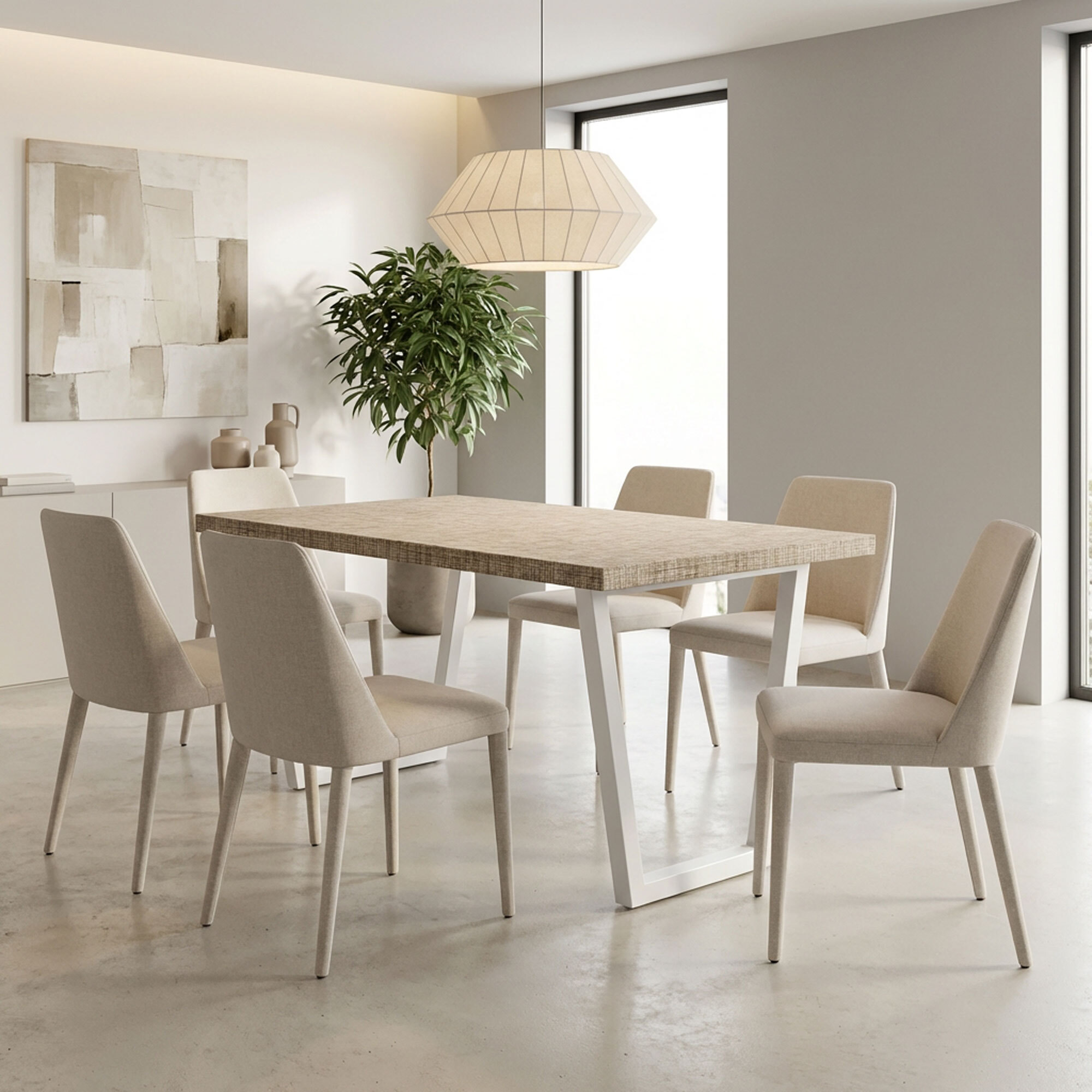 Tavolo da pranzo in legno e metallo con piedi trapezoid bianchi 220x100 cm Grigio Testurizzato