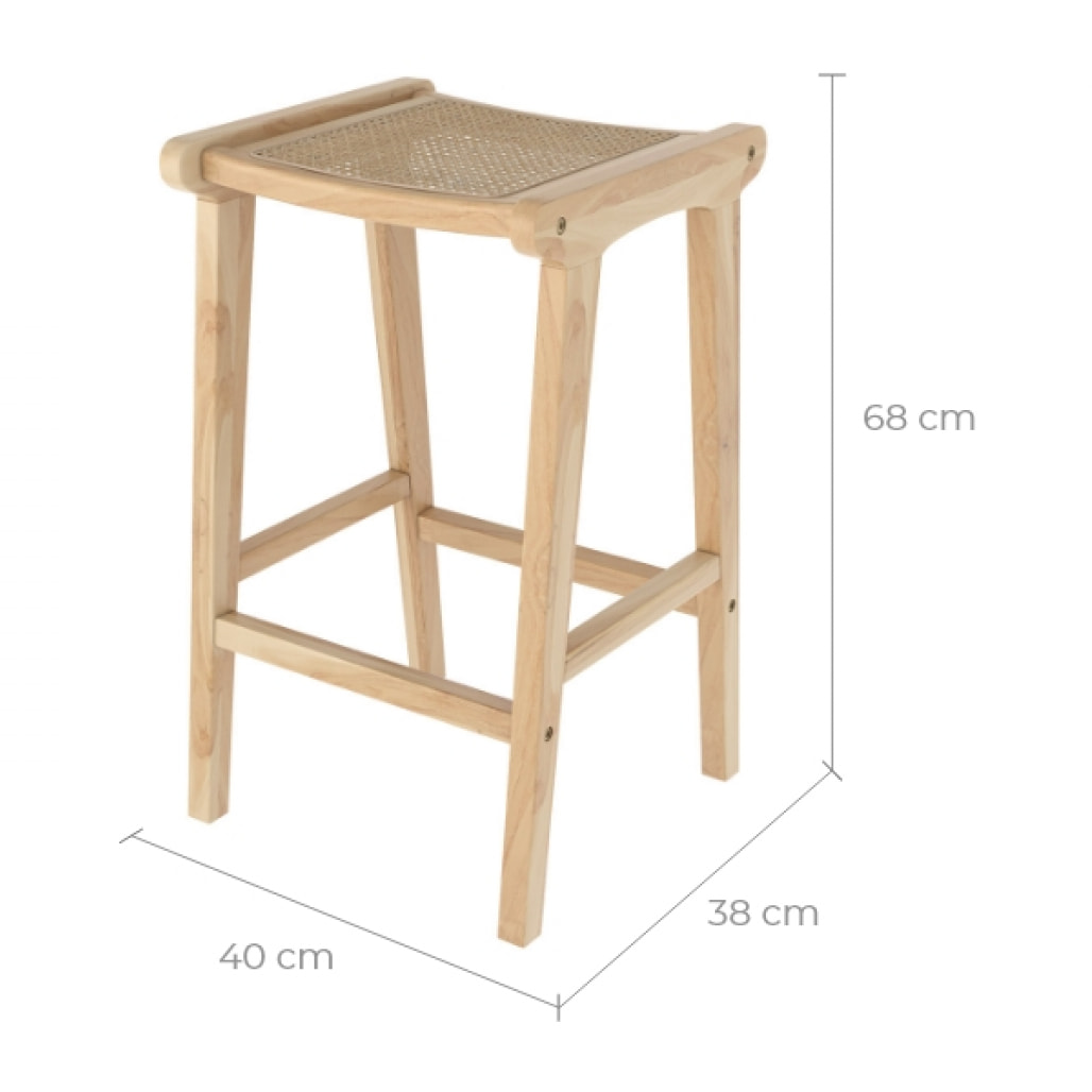 Tabouret de bar mi-hauteur Omaha en teck et rotin naturel 65 cm