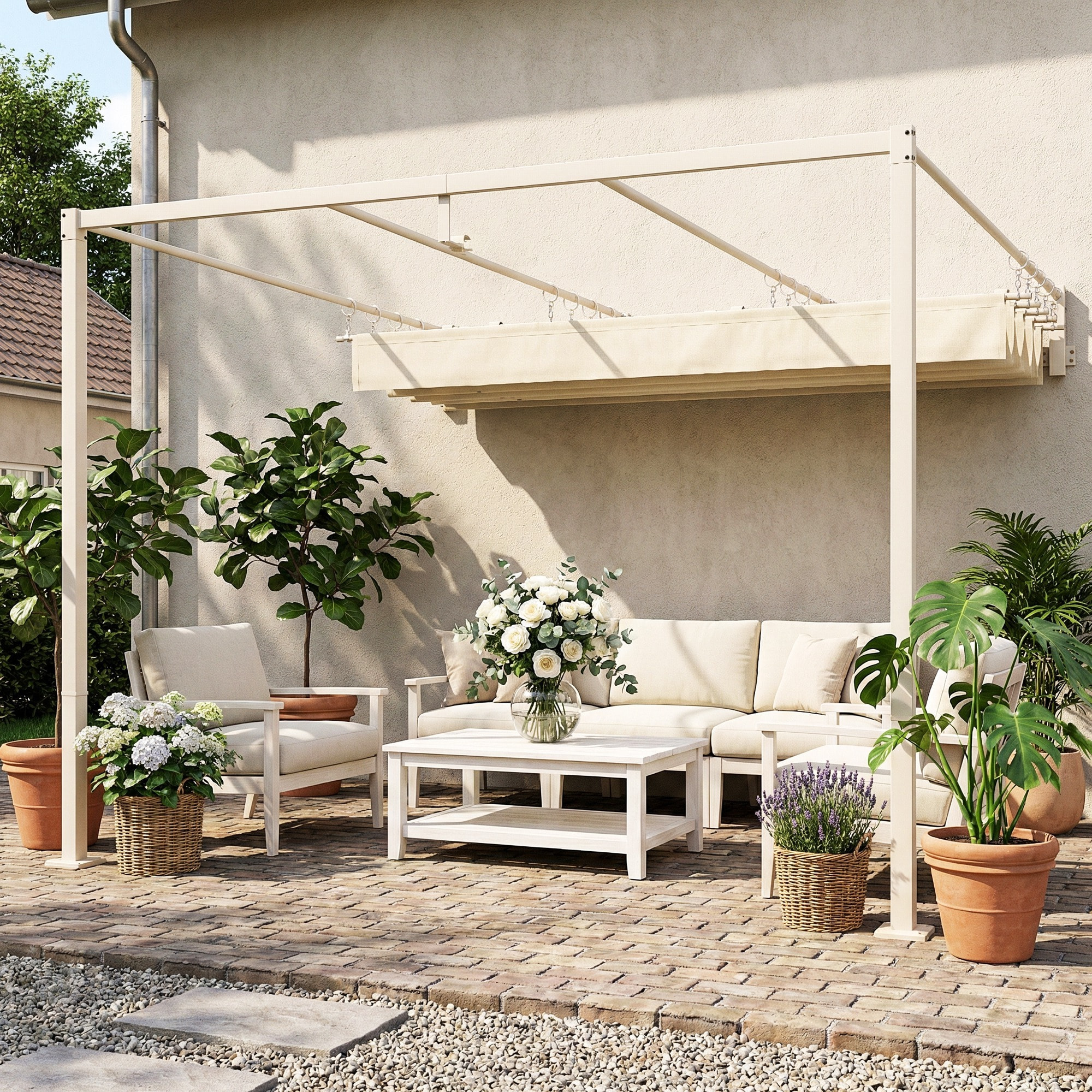 Pérgola de Pared de Jardín 3x3 m, Cenador de Jardín con Techo Retráctil, Protección UPF30+, Orificios de Drenaje y Estructura de Acero, Pabellón para Patio, Terraza, Exterior, Beige