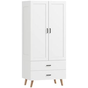 Armoire penderie 2 portes 2 tiroirs et barre de suspension, 80x54x180cm, blanc