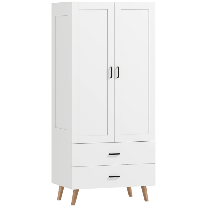 Armoire penderie 2 portes 2 tiroirs et barre de suspension, 80x54x180cm, blanc