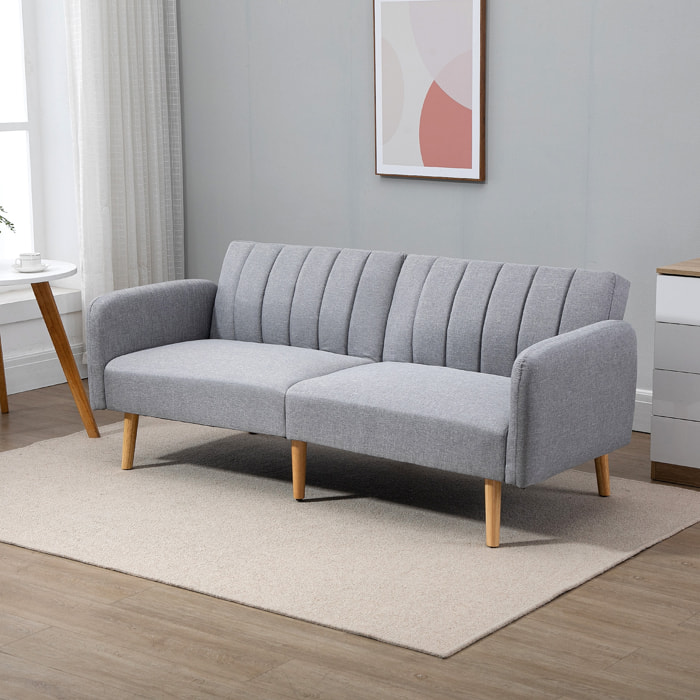 Canapé convertible 2 places design scandinave dossier inclinable 3 positions pieds bois tissu aspect lin gris