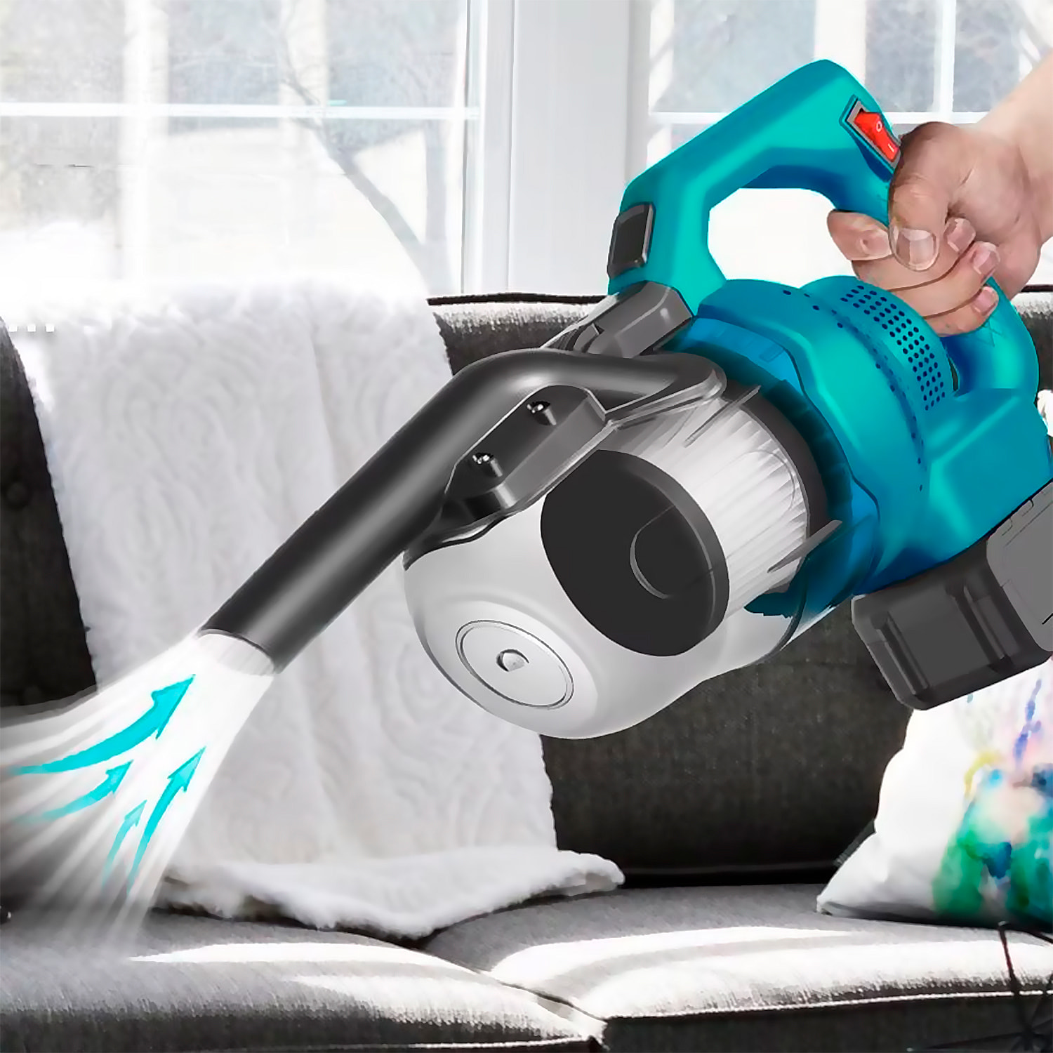 Aspirapolvere a mano da 300W con serbatoio da 700ml. Include 4 testine e 2 batterie da 15000mAh.