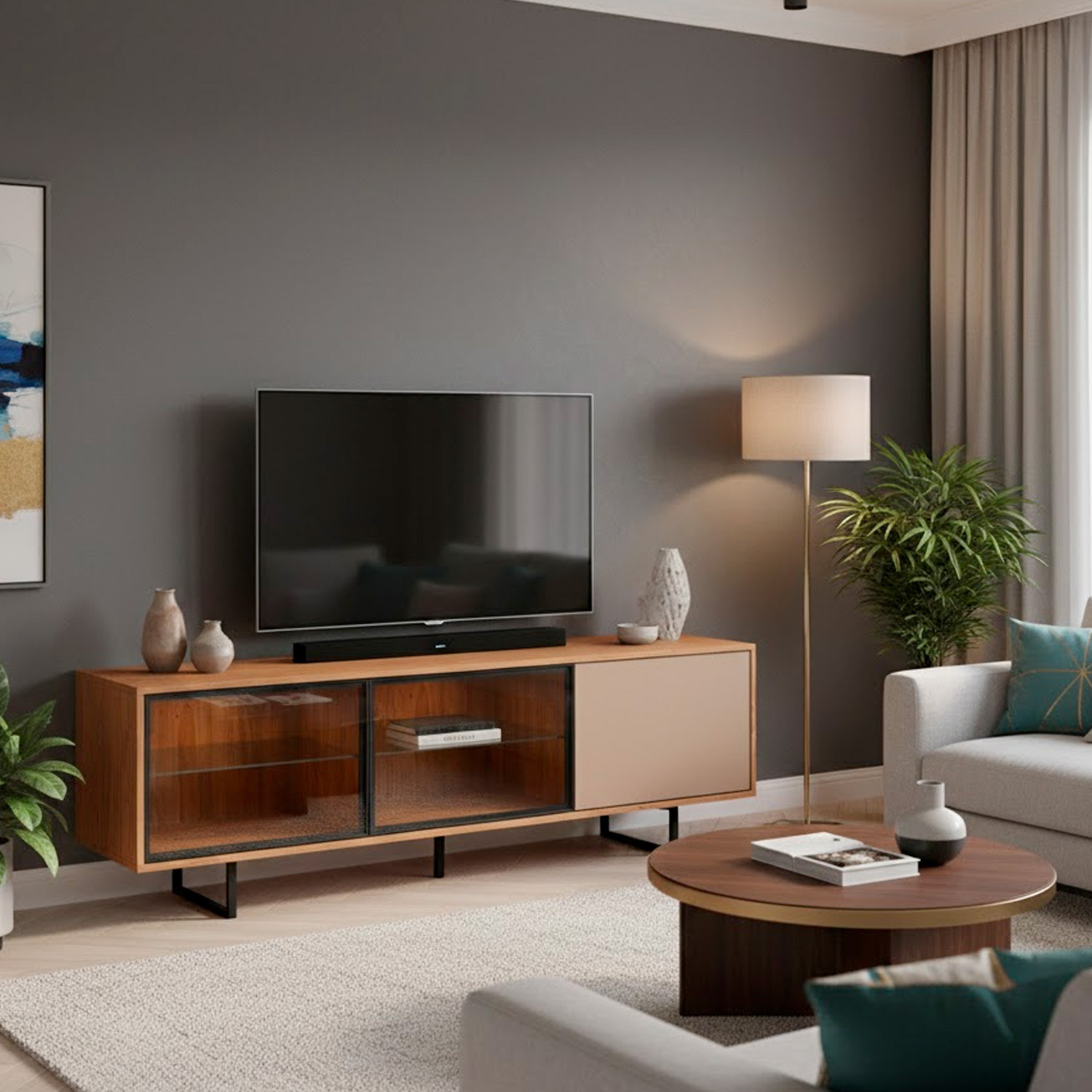 Porta TV 3 Ante Con 2 LED Inclusi 2 Ante Vetro Fumè Mobile TV Moderno Con Ripiani Interni Piedi In Ferro Nero 185 x 60 x 40  Cm Rovere E Grigio Caldo