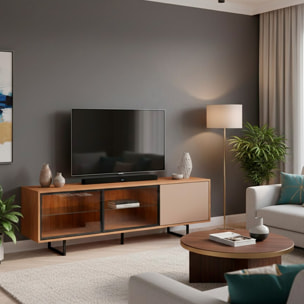 Porta TV 3 Ante Con 2 LED Inclusi 2 Ante Vetro Fumè Mobile TV Moderno Con Ripiani Interni Piedi In Ferro Nero 185 x 60 x 40  Cm Rovere E Grigio Caldo