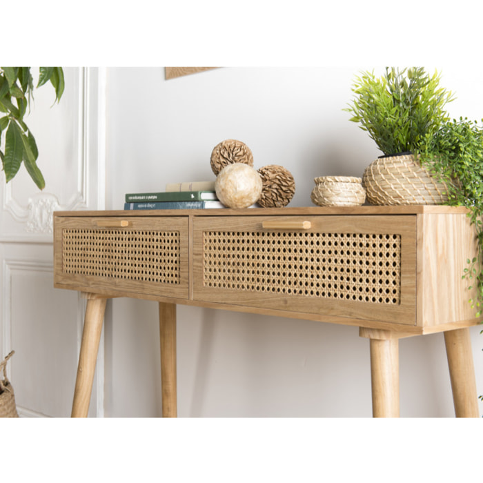 ROMEO - Console couleur naturelle 2 tiroirs bois cannage