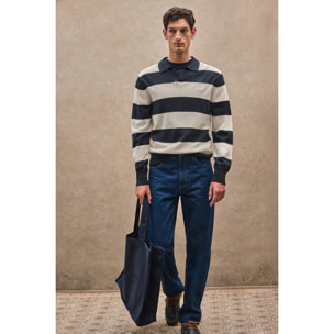 Maglione a righe blu marino ed ecrù con colletto polo e toppa Polo Club