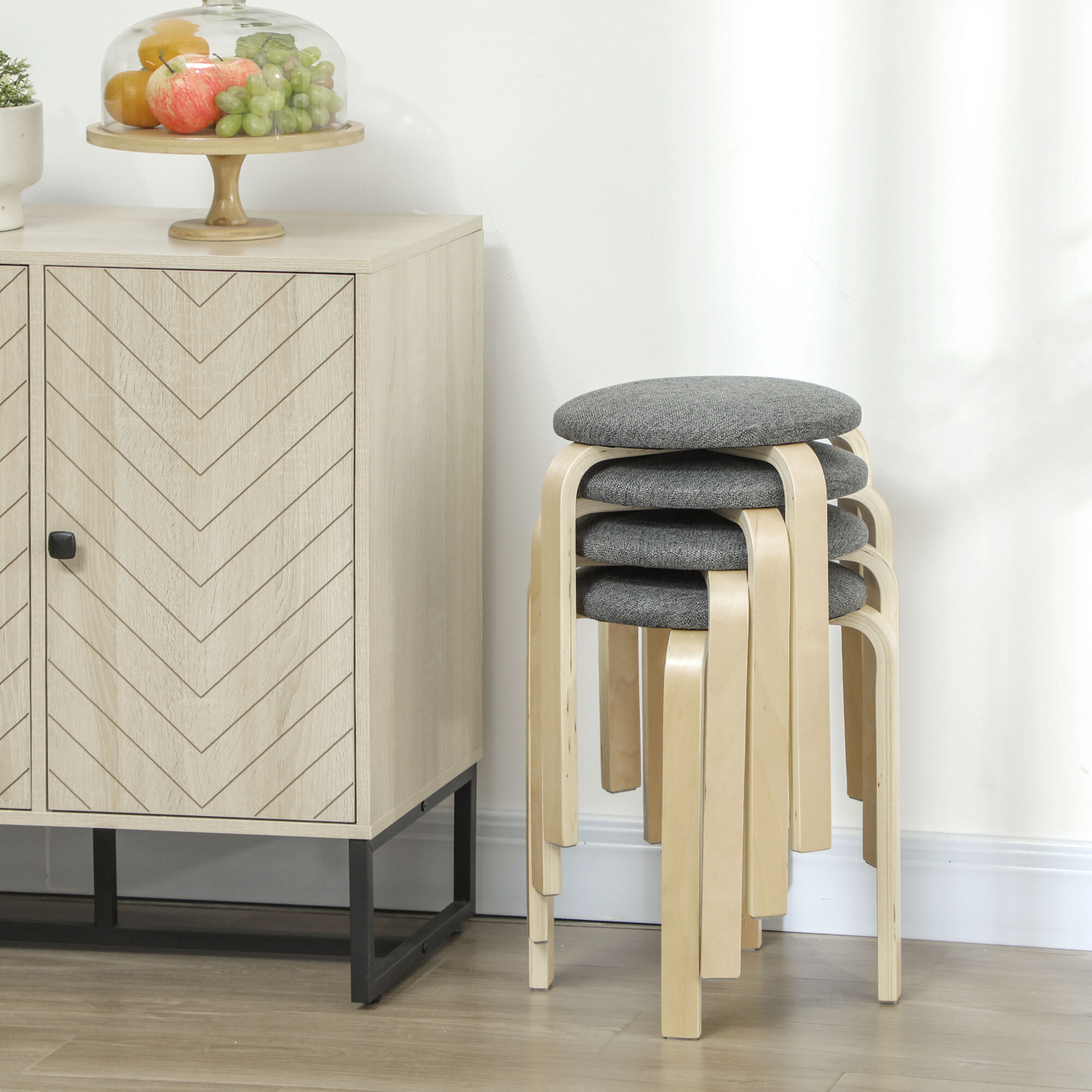 Lot de 4 tabourets empilables assise rembourrée dia.40 x H.45 cm bois clair gris