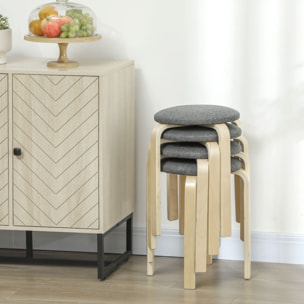 Lot de 4 tabourets empilables assise rembourrée dia.40 x H.45 cm bois clair gris